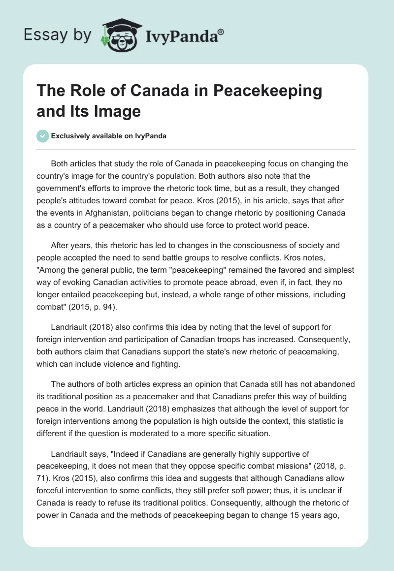 The Role of Canada in Peacekeeping and Its Image. Page 1