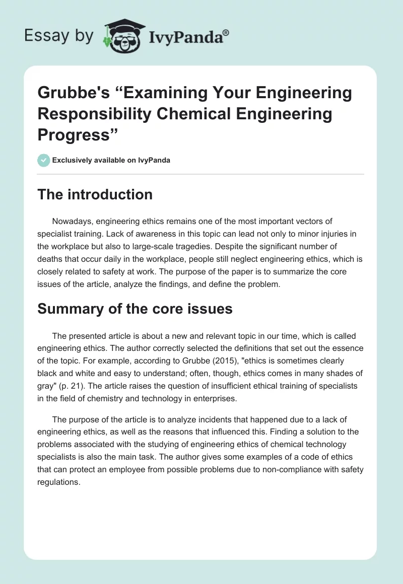 Grubbe's “Examining Your Engineering Responsibility Chemical Engineering Progress”. Page 1