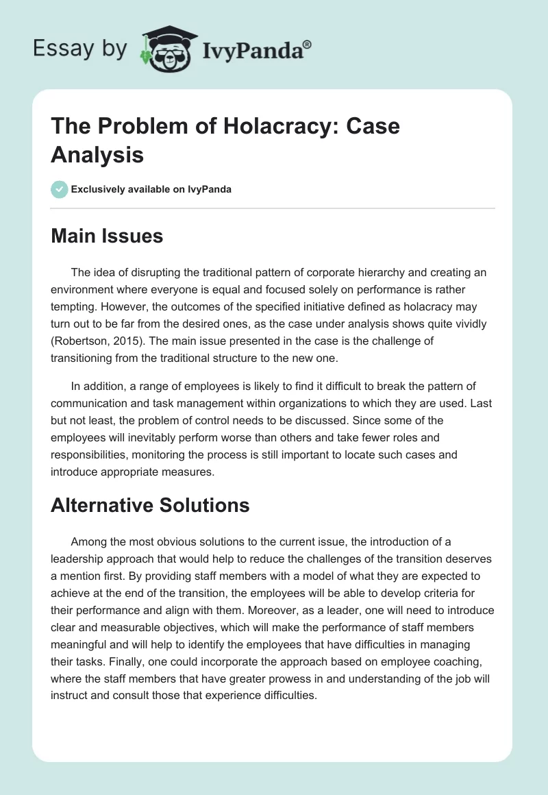 The Problem of Holacracy: Case Analysis. Page 1