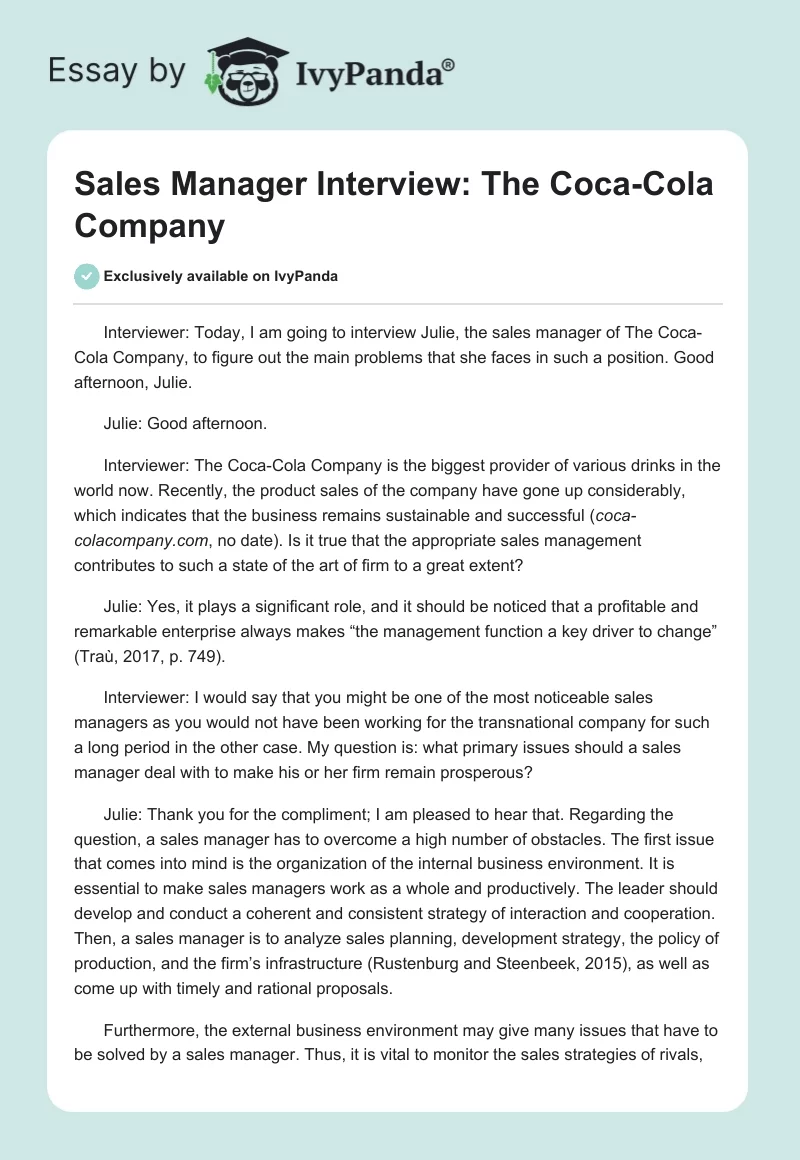 Sales Manager Interview: The Coca-Cola Company. Page 1