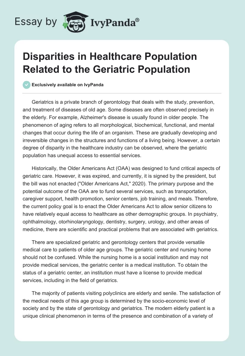 Disparities in Healthcare Population Related to the Geriatric Population. Page 1
