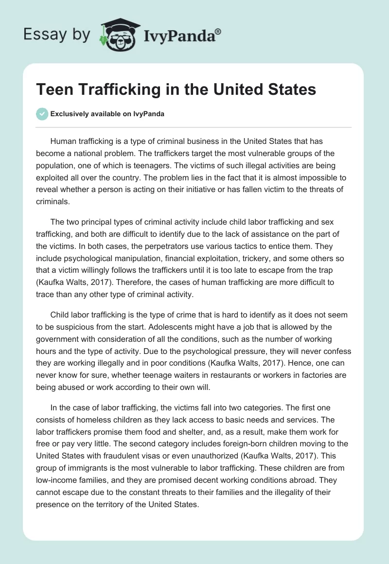 Teen Trafficking in the United States. Page 1