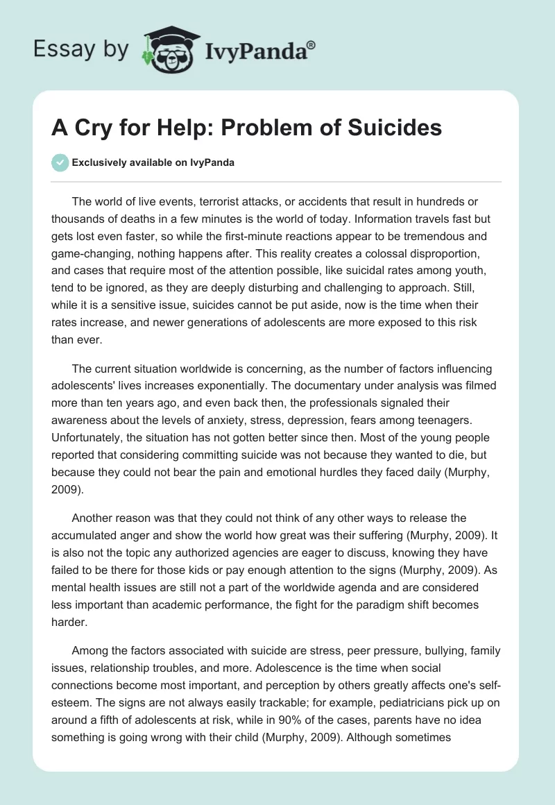 A Cry for Help: Problem of Suicides. Page 1