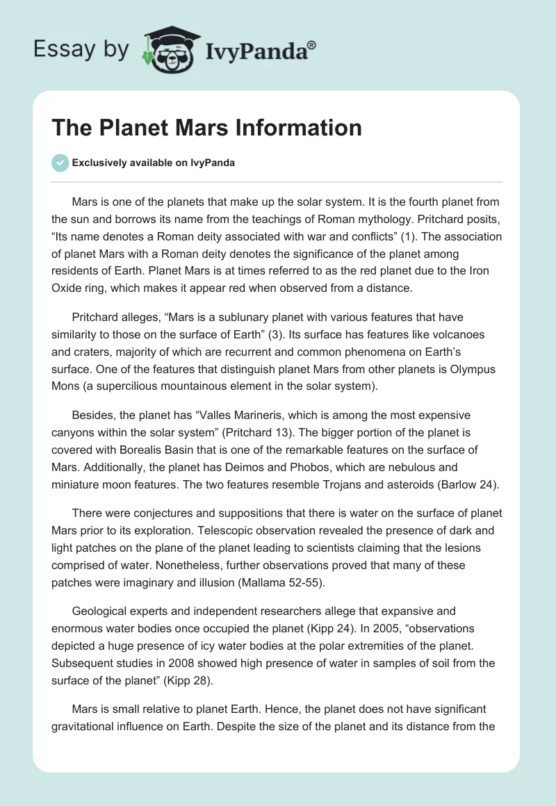 The Planet Mars Information. Page 1