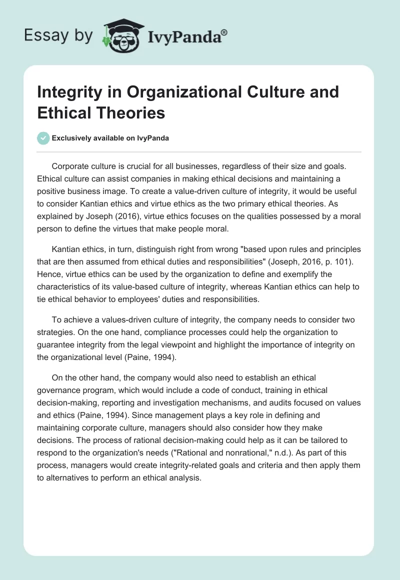 Integrity in Organizational Culture and Ethical Theories. Page 1