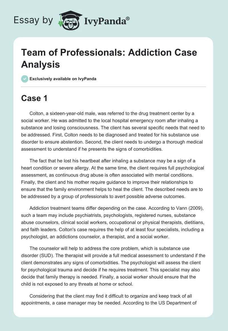 Team of Professionals: Addiction Case Analysis. Page 1