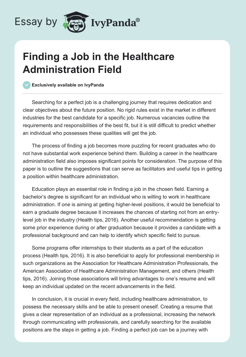 Finding a Job in the Healthcare Administration Field. Page 1