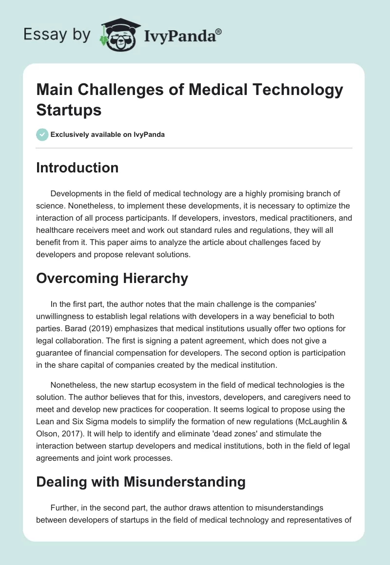 Main Challenges of Medical Technology Startups. Page 1