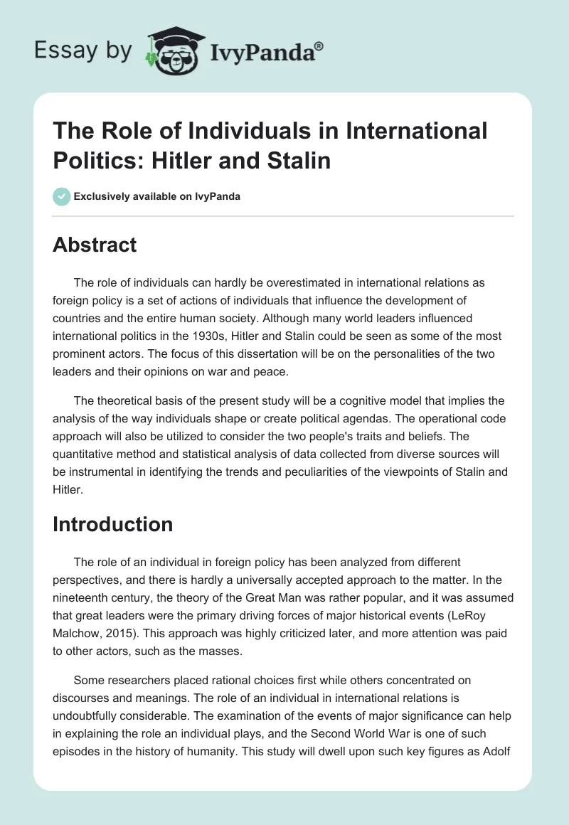 The Role of Individuals in International Politics: Hitler and Stalin. Page 1