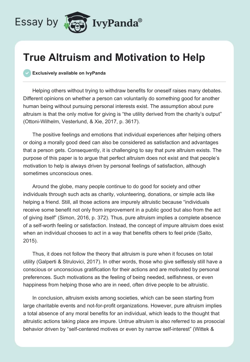 True Altruism and Motivation to Help. Page 1