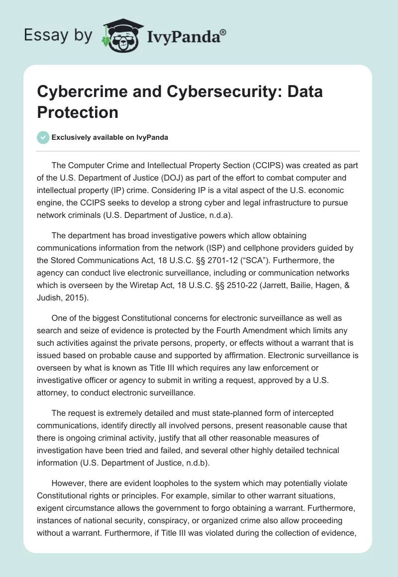 Cybercrime and Cybersecurity: Data Protection. Page 1
