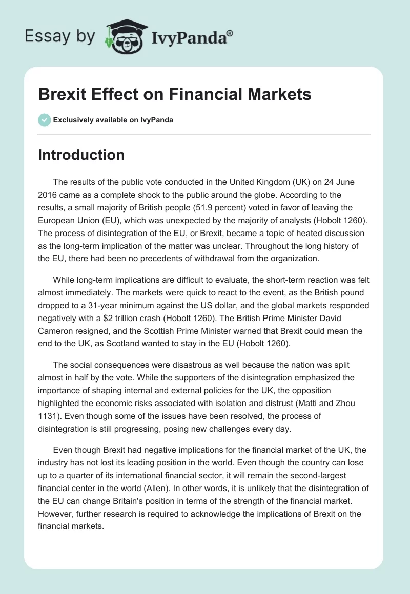 Brexit Effect on Financial Markets. Page 1