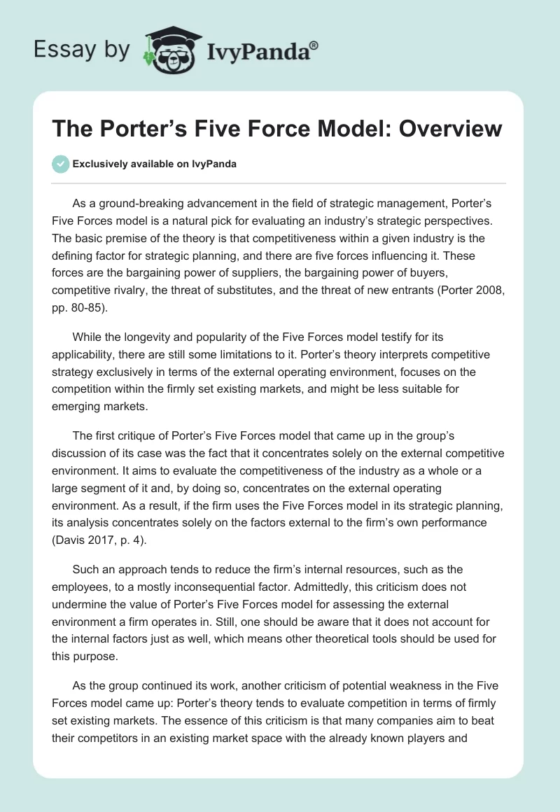 The Porter’s Five Force Model: Overview. Page 1
