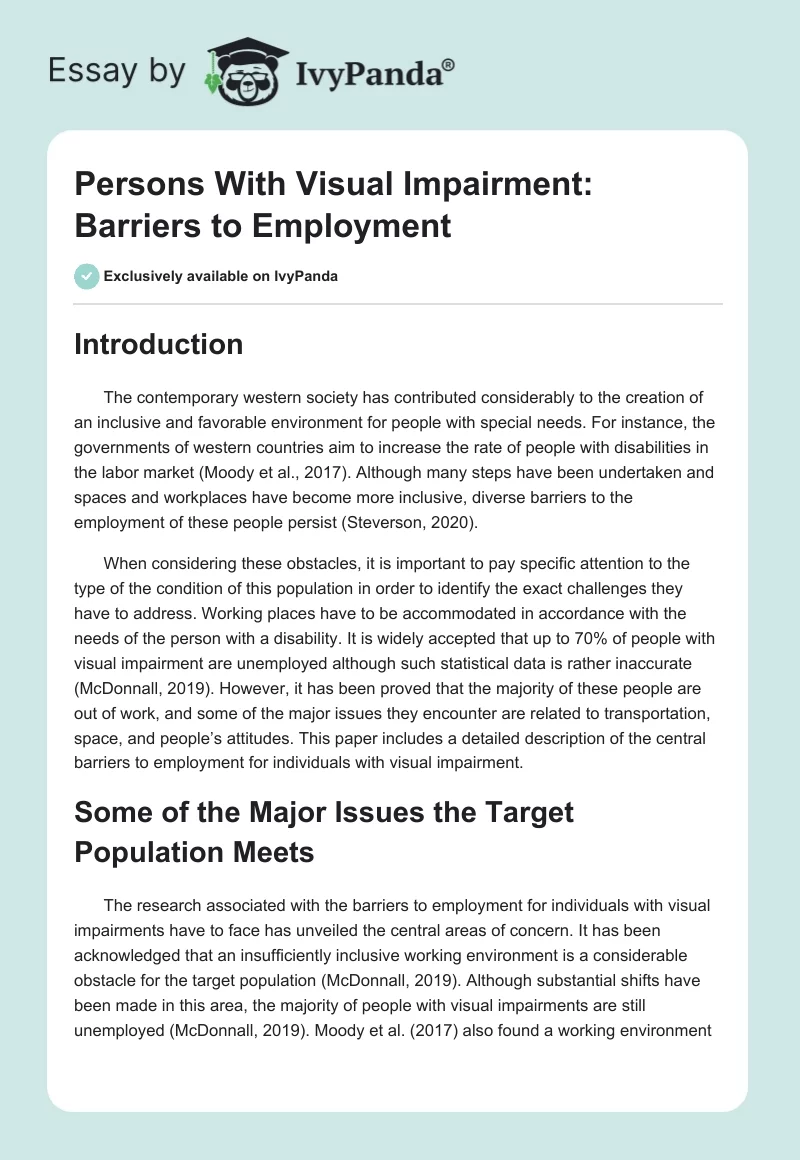 Persons With Visual Impairment: Barriers to Employment. Page 1