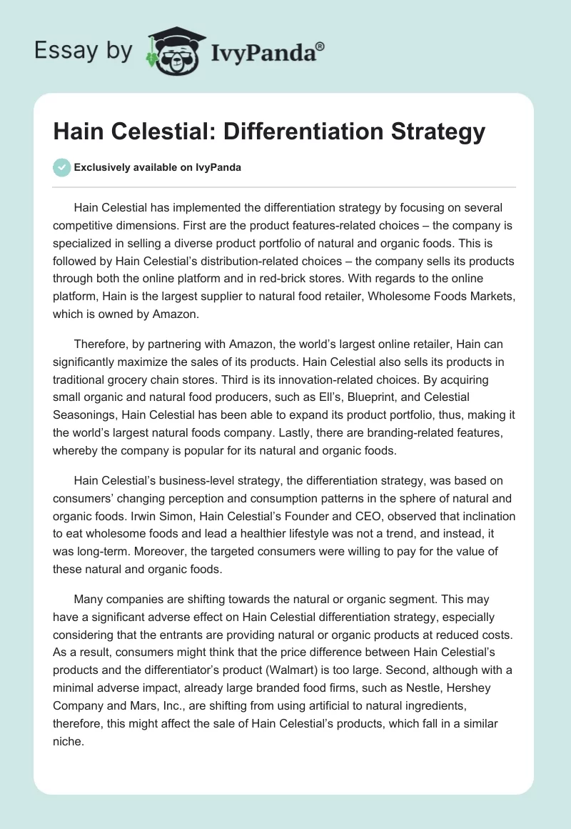 Hain Celestial: Differentiation Strategy. Page 1