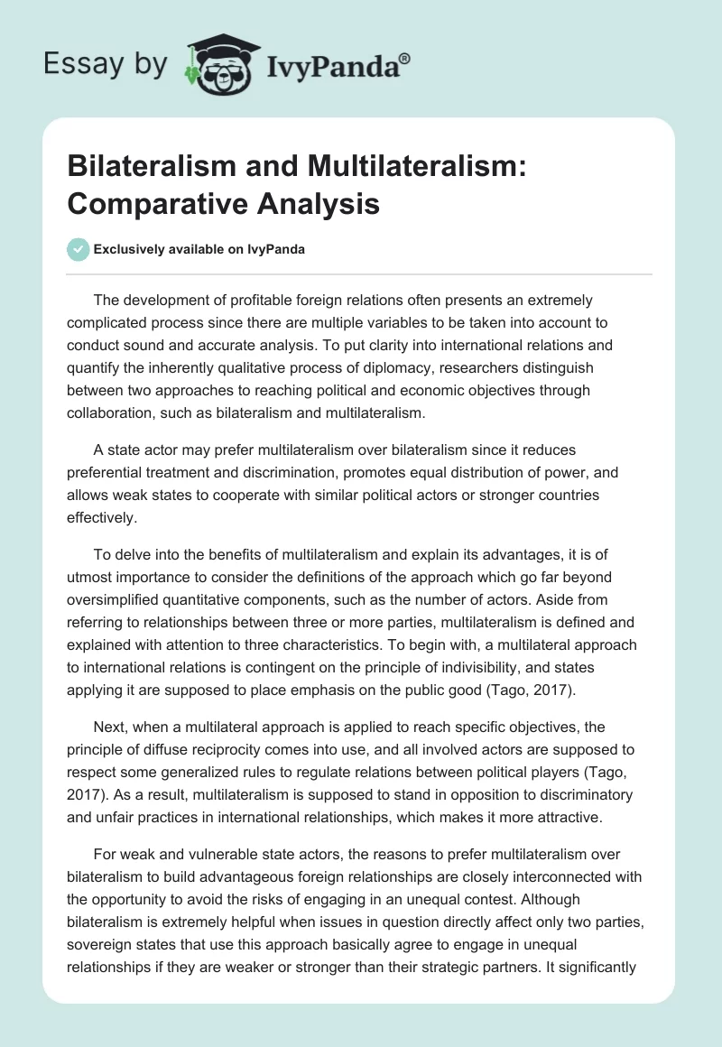 Bilateralism and Multilateralism: Comparative Analysis. Page 1