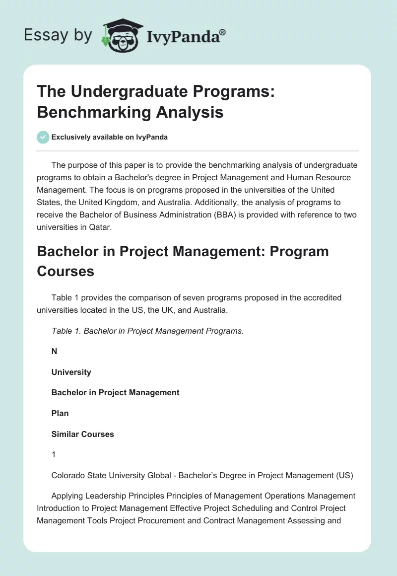 The Undergraduate Programs: Benchmarking Analysis. Page 1