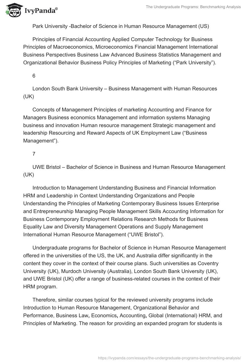 The Undergraduate Programs: Benchmarking Analysis. Page 5