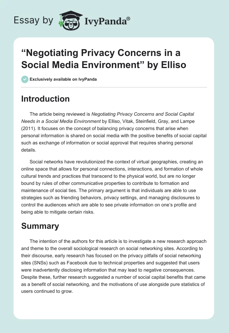 “Negotiating Privacy Concerns in a Social Media Environment” by Elliso. Page 1
