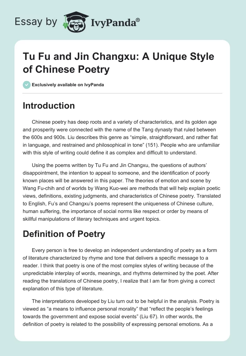 Tu Fu and Jin Changxu: A Unique Style of Chinese Poetry. Page 1