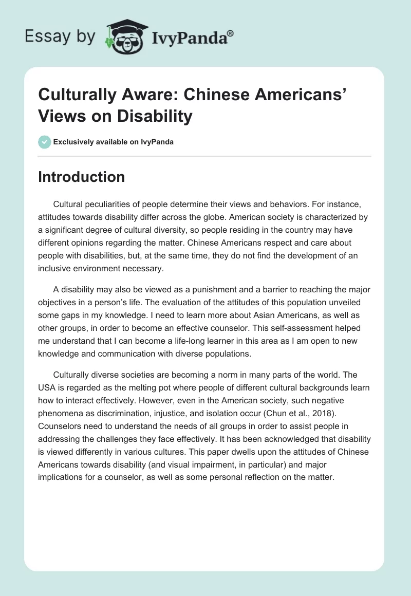 Culturally Aware: Chinese Americans’ Views on Disability. Page 1