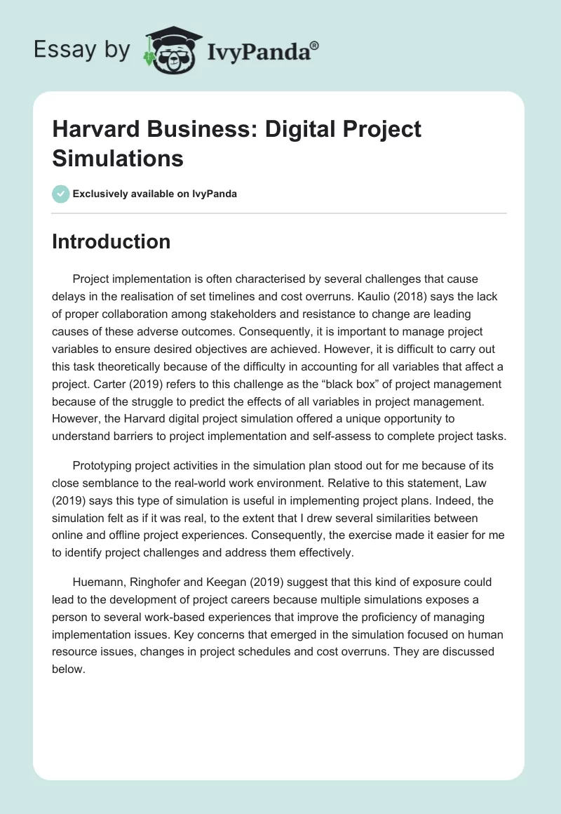 Harvard Business: Digital Project Simulations. Page 1