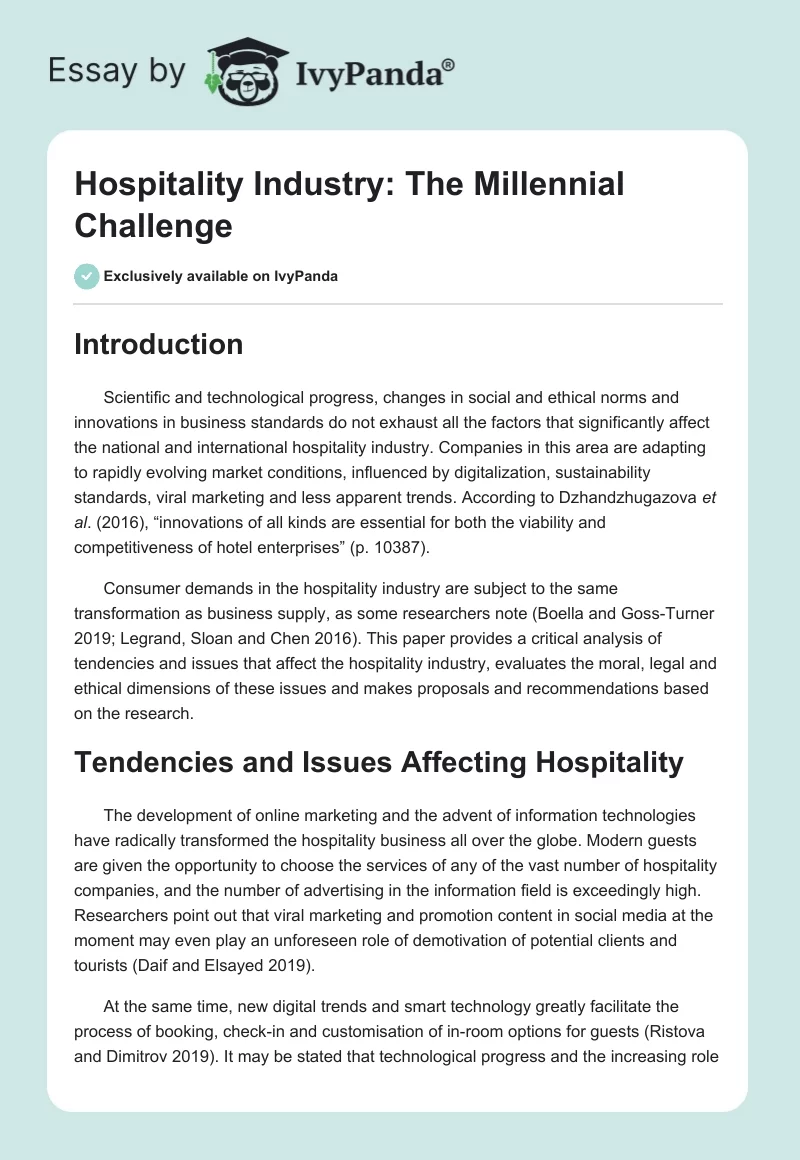 Hospitality Industry: The Millennial Challenge. Page 1