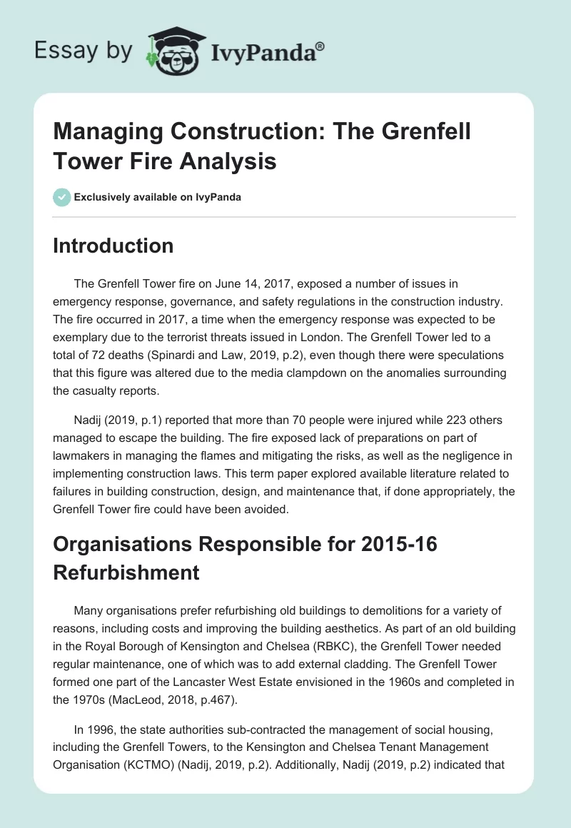 Managing Construction: The Grenfell Tower Fire Analysis. Page 1
