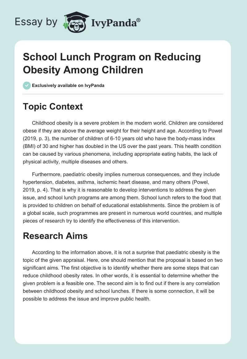 School Lunch Program on Reducing Obesity Among Children. Page 1