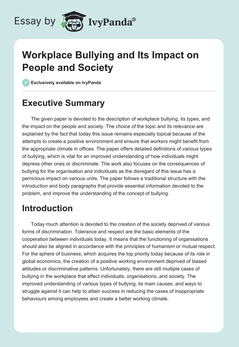 Workplace Bullying and Its Impact on People and Society. Page 1