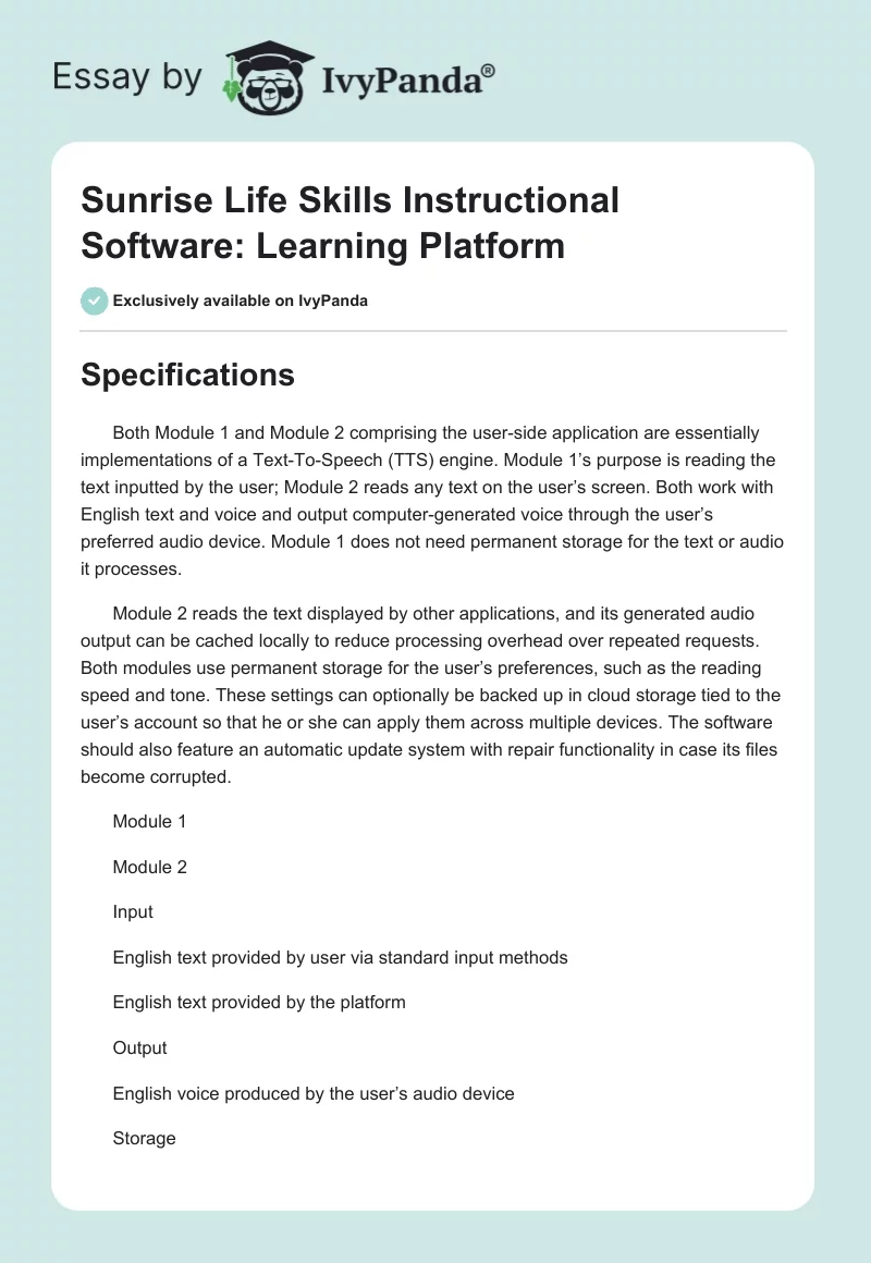 Sunrise Life Skills Instructional Software: Learning Platform. Page 1