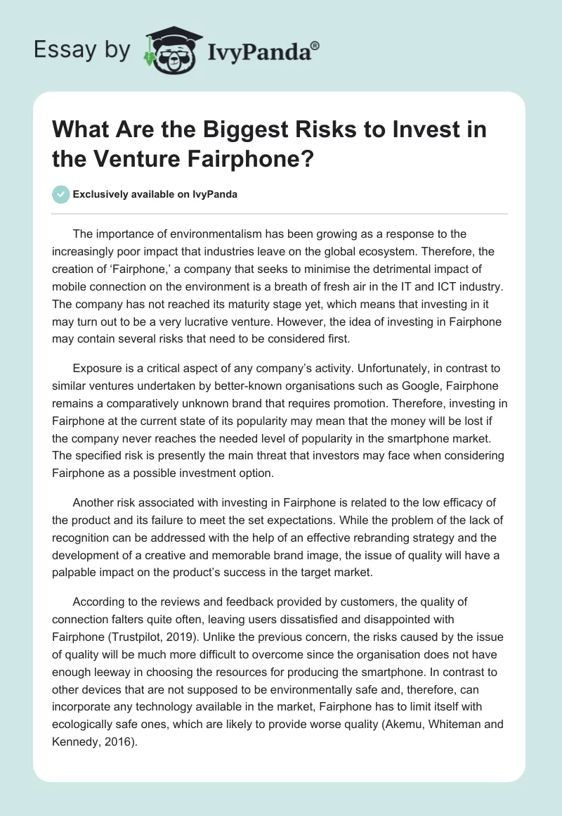 What Are the Biggest Risks to Invest in the Venture Fairphone?. Page 1