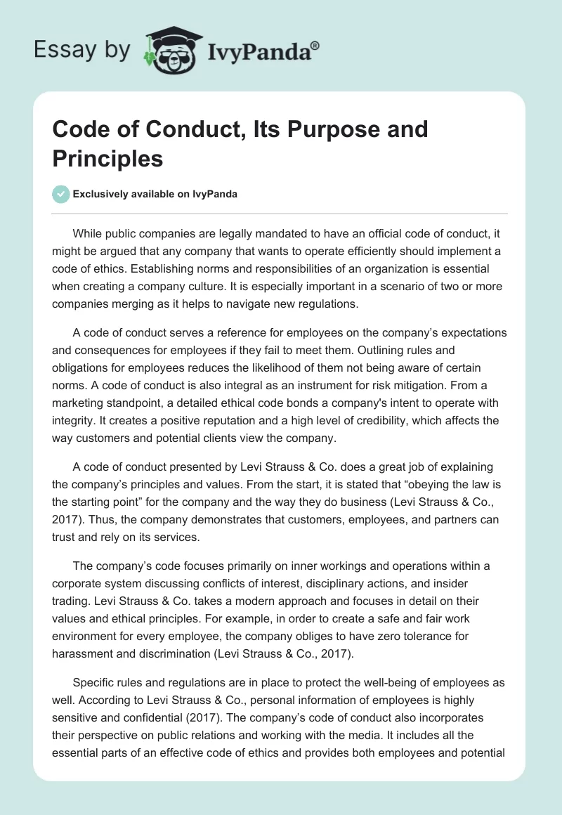 Code of Conduct, Its Purpose and Principles. Page 1
