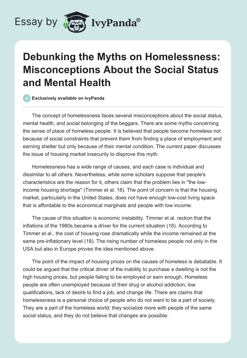 Debunking the Myths on Homelessness: Misconceptions About the Social Status and Mental Health. Page 1