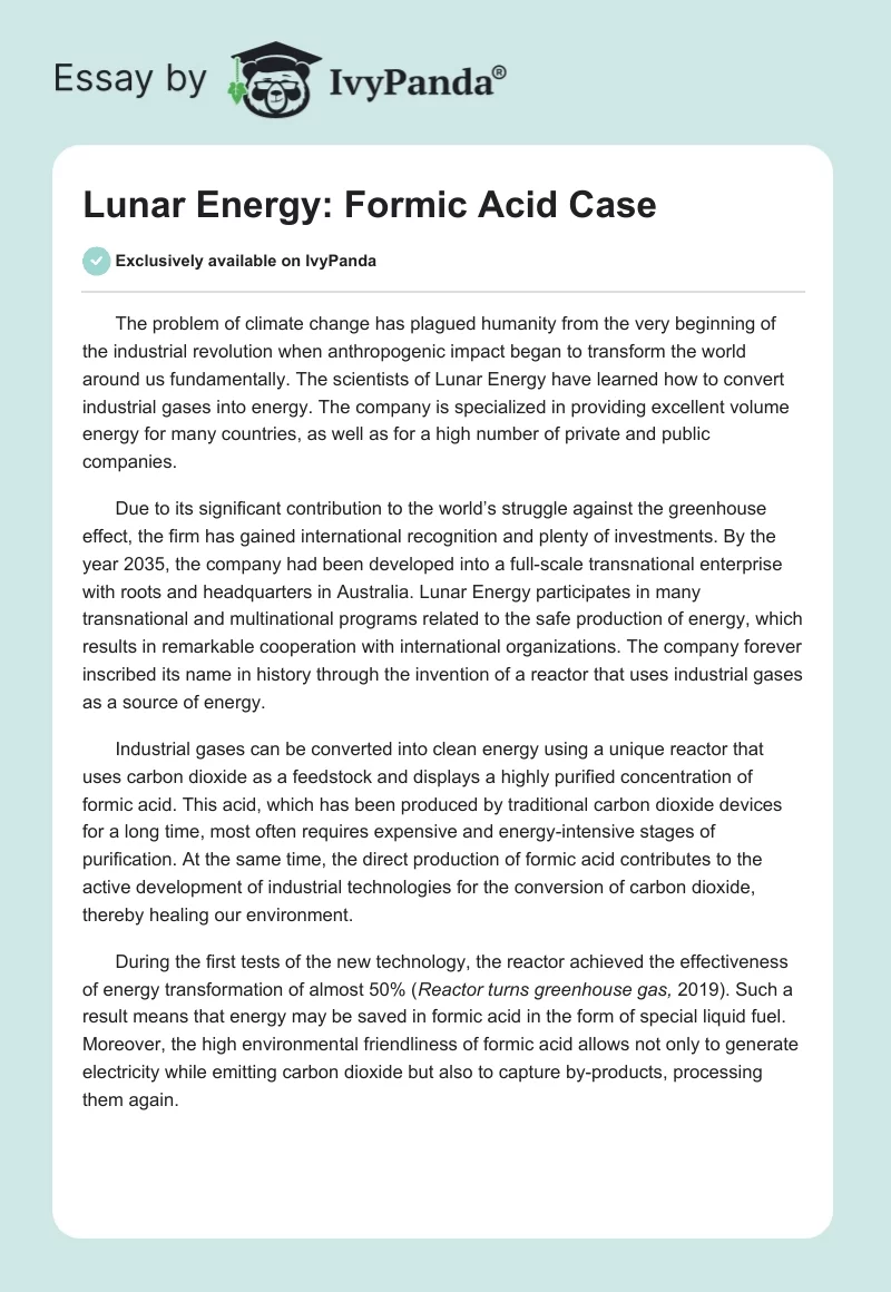 Lunar Energy: Formic Acid Case. Page 1