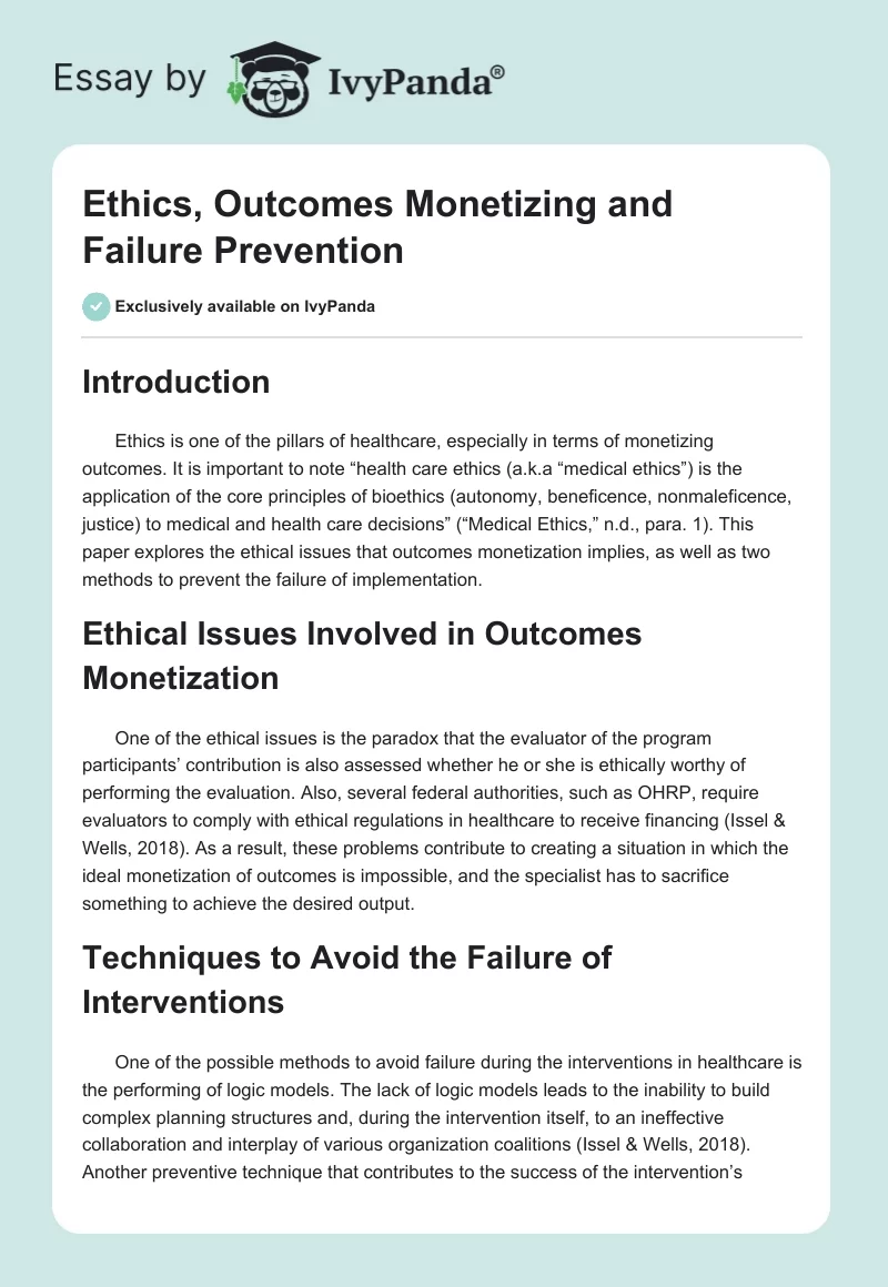 Ethics, Outcomes Monetizing and Failure Prevention. Page 1