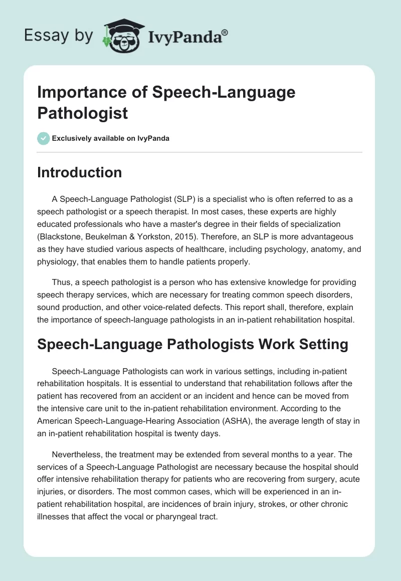 Importance of Speech-Language Pathologist. Page 1