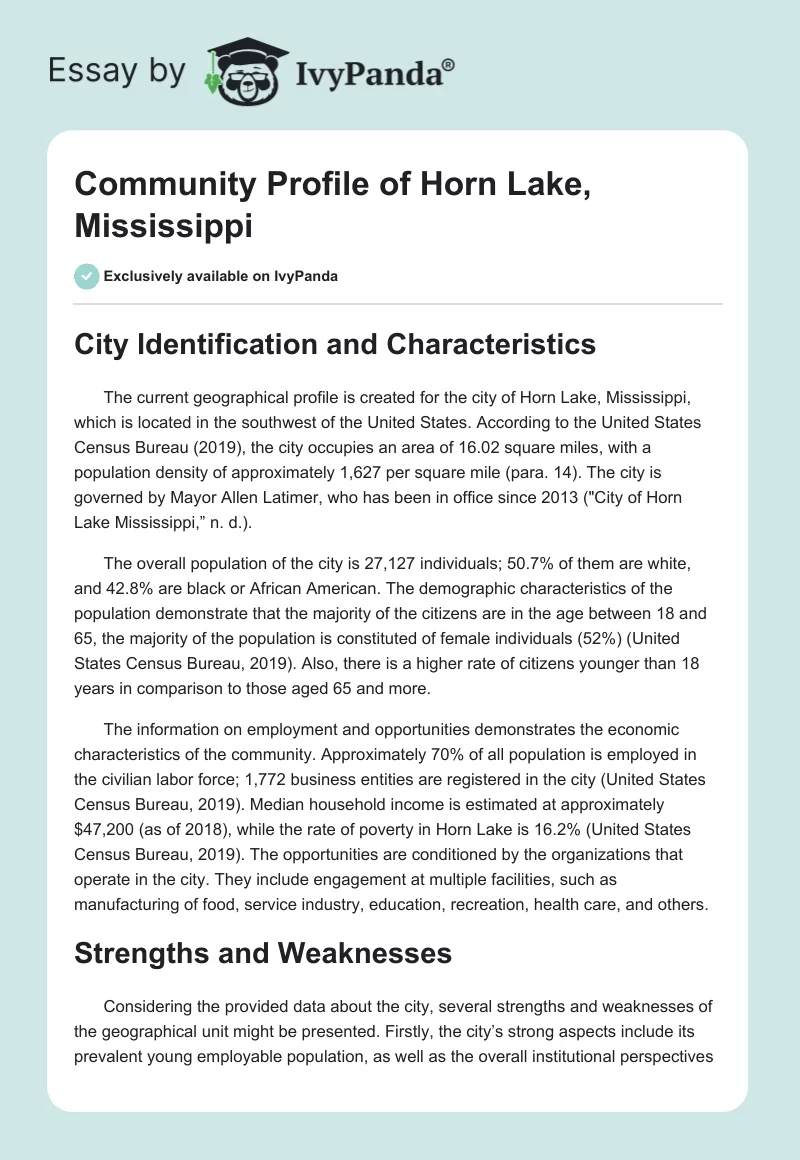 Community Profile of Horn Lake, Mississippi. Page 1
