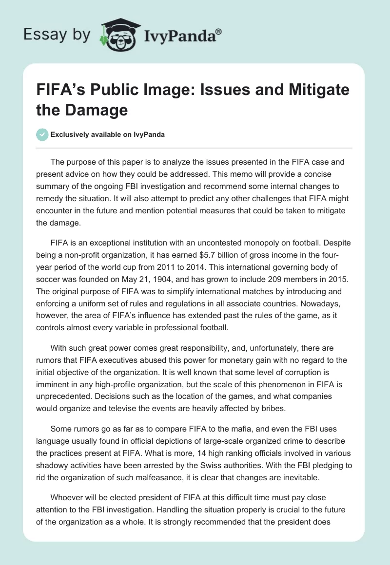 FIFA’s Public Image: Issues and Mitigate the Damage. Page 1