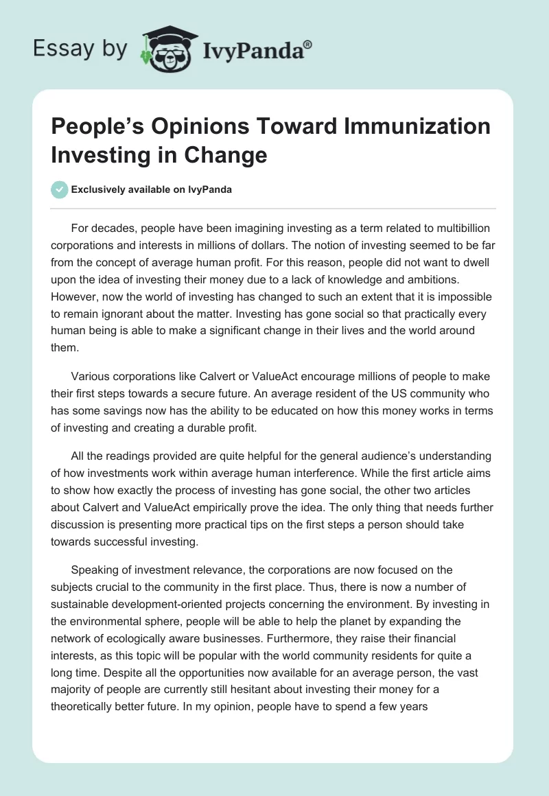 People’s Opinions Toward Immunization Investing in Change. Page 1