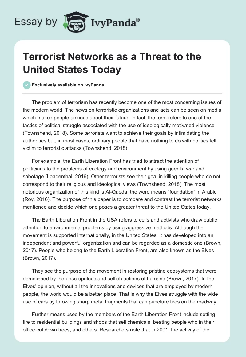 Terrorist Networks as a Threat to the United States Today. Page 1