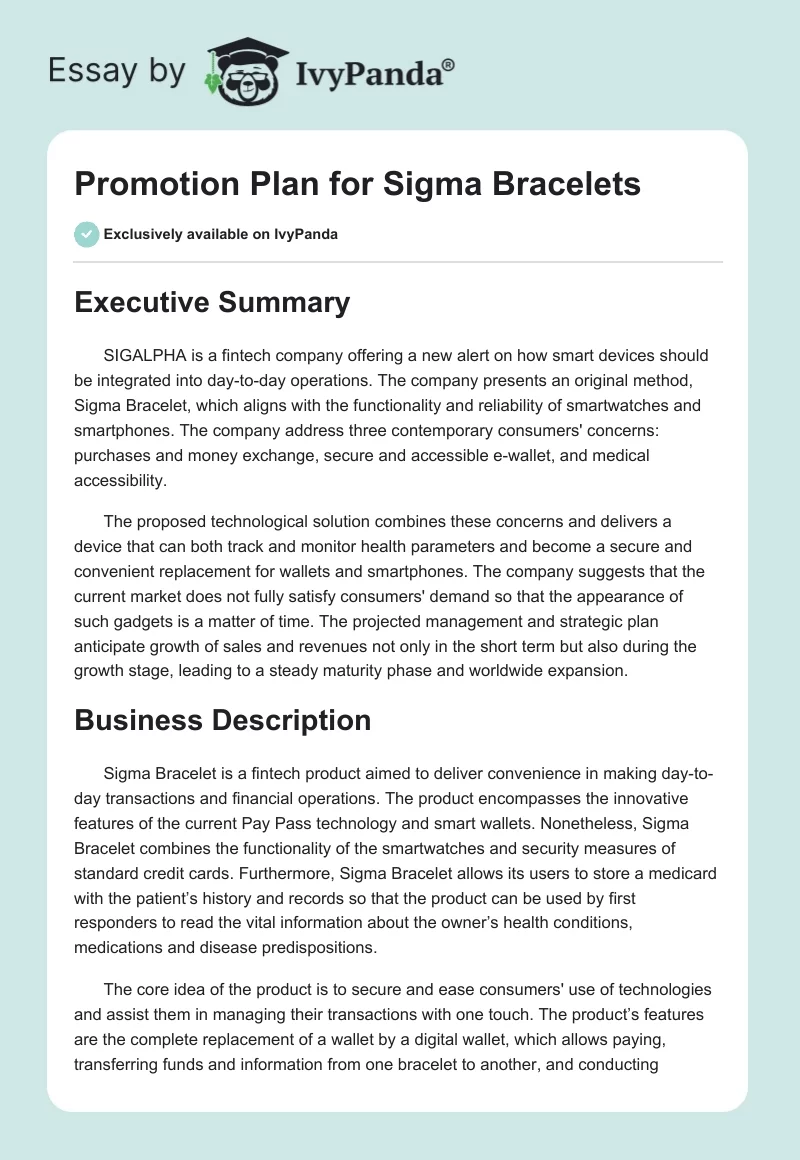 Promotion Plan for Sigma Bracelets. Page 1