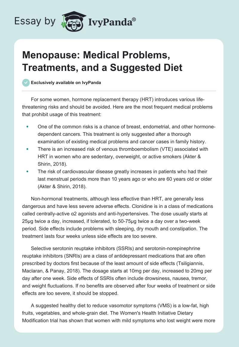 Menopause: Medical Problems, Treatments, and a Suggested Diet. Page 1