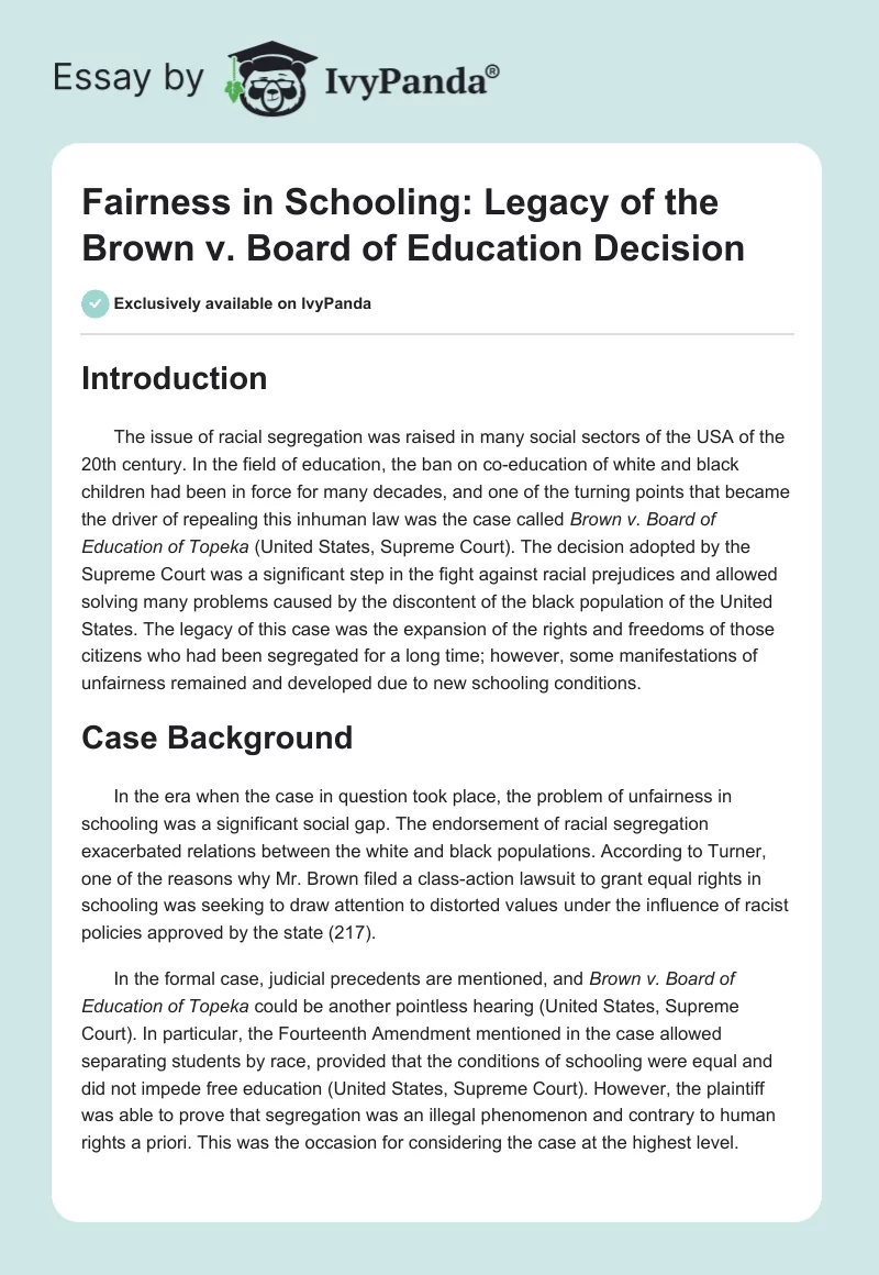 Fairness in Schooling: Legacy of the Brown v. Board of Education Decision. Page 1