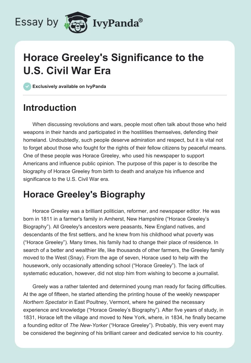 Horace Greeley's Significance to the U.S. Civil War Era. Page 1