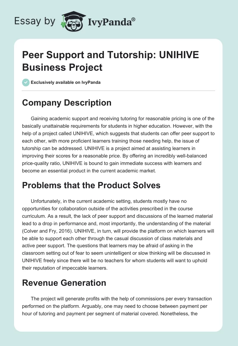Peer Support and Tutorship: UNIHIVE Business Project. Page 1