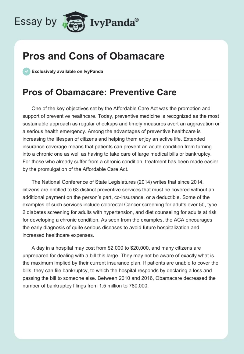 Pros and Cons of Obamacare. Page 1
