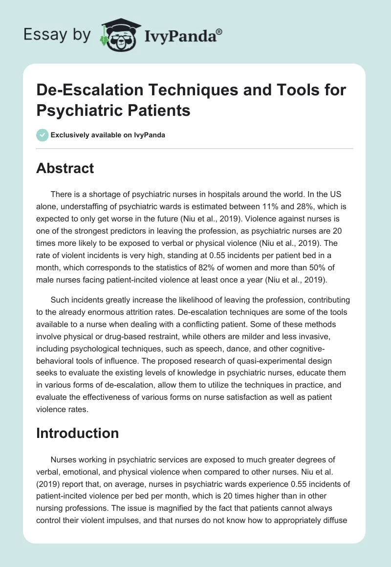 De-Escalation Techniques and Tools for Psychiatric Patients. Page 1