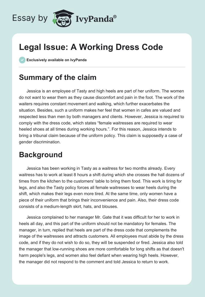 Legal Issue: A Working Dress Code. Page 1