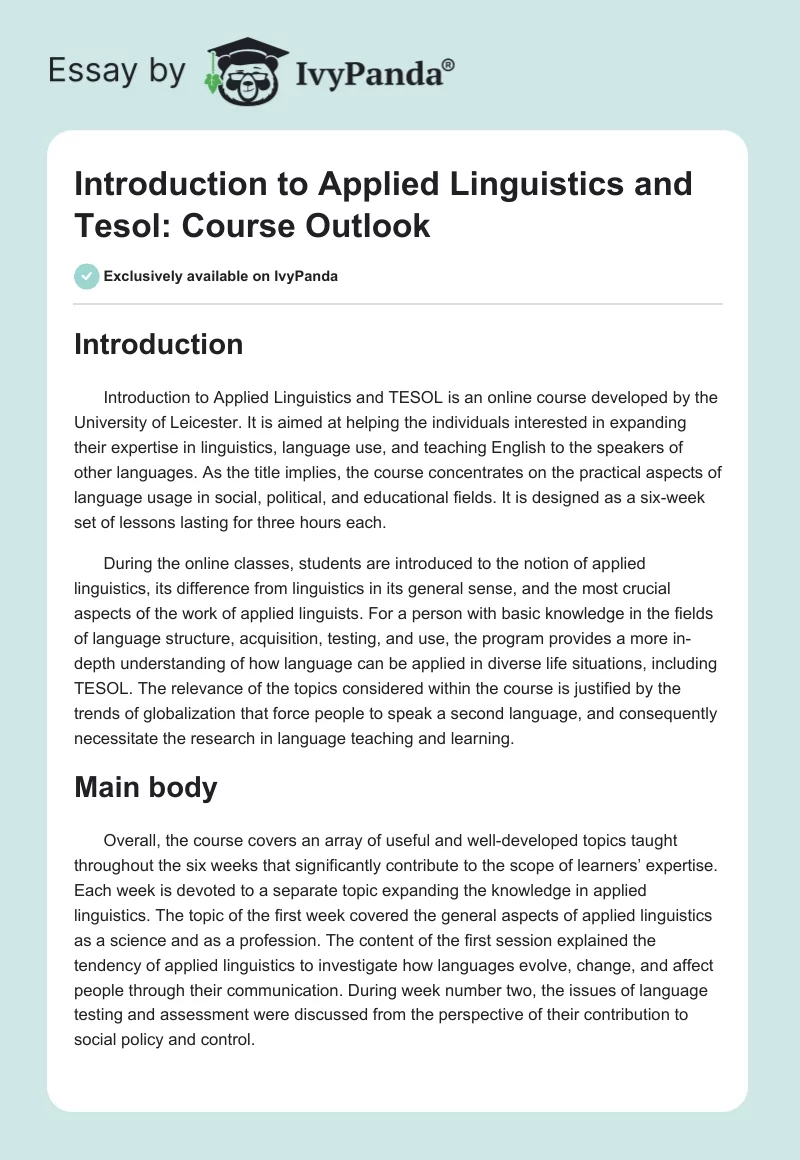 Introduction to Applied Linguistics and Tesol: Course Outlook. Page 1
